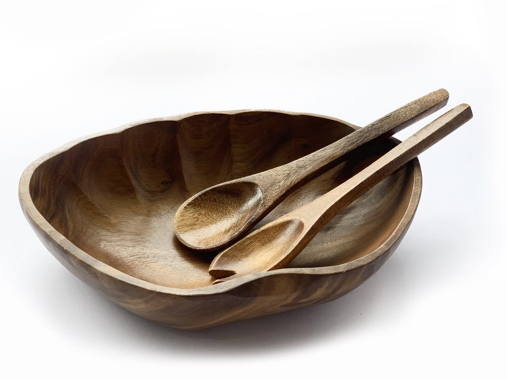 Acacia wood Shell Bowl +utensils