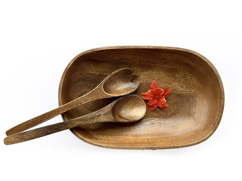 Wooden Oval Bowl +Utensils