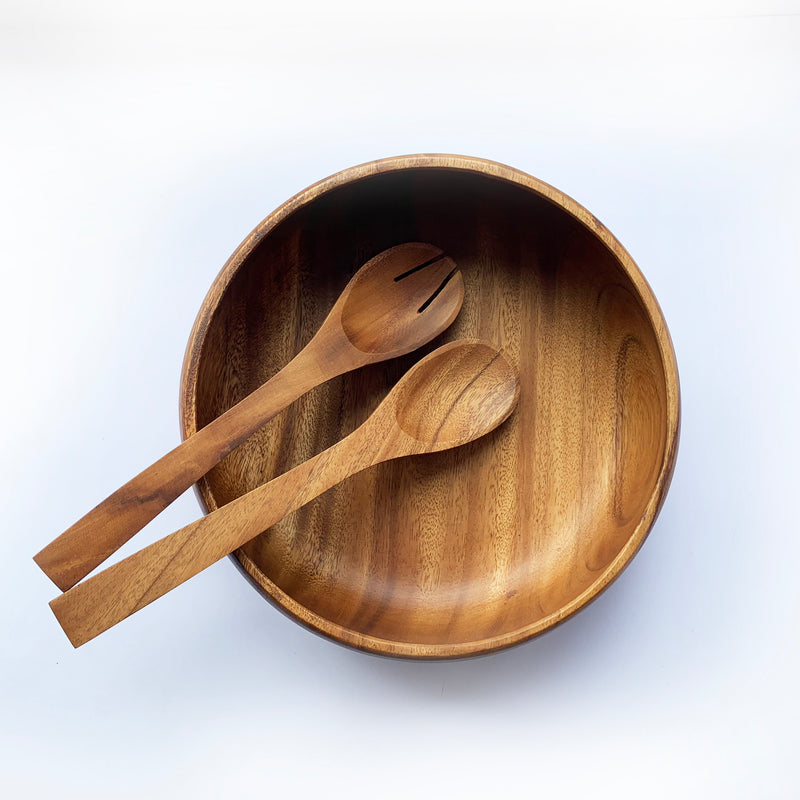 Round Acacia Calabash Bowl + Utensils