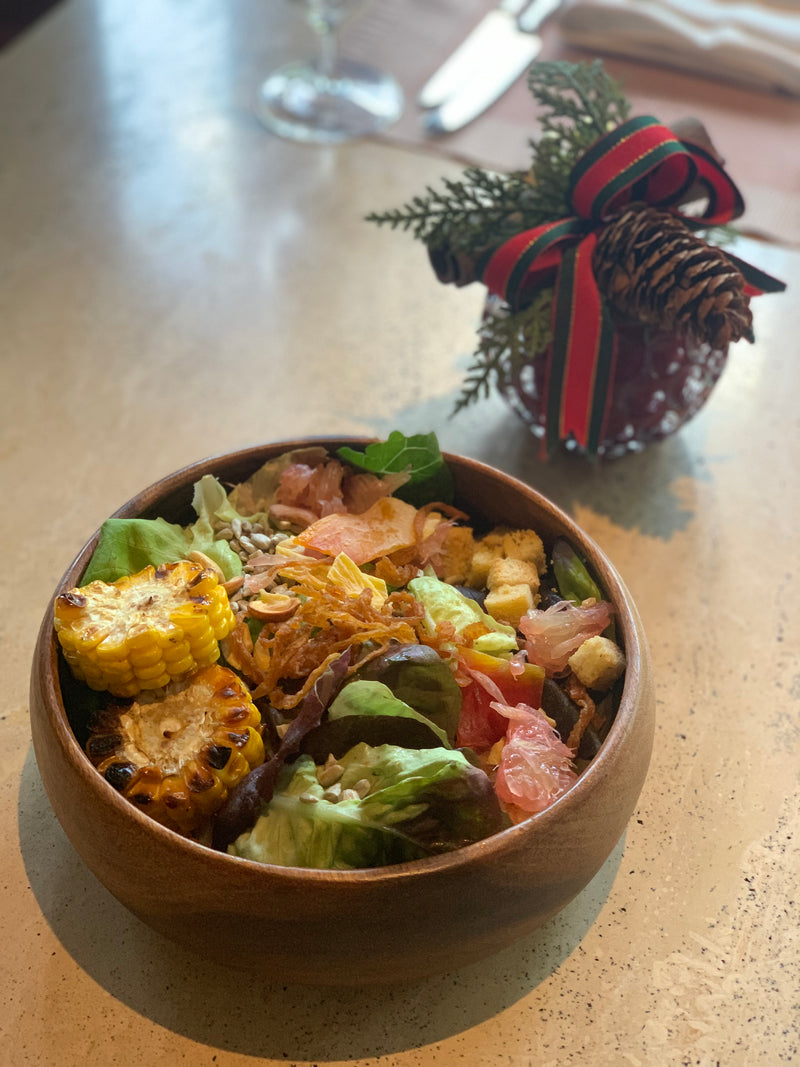 Round Acacia Calabash Bowl + Utensils
